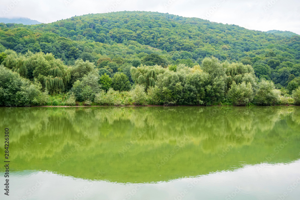Peaceful landscape with green trees on river bank in steppe Peaceful landscape with green trees on river bank in steppe