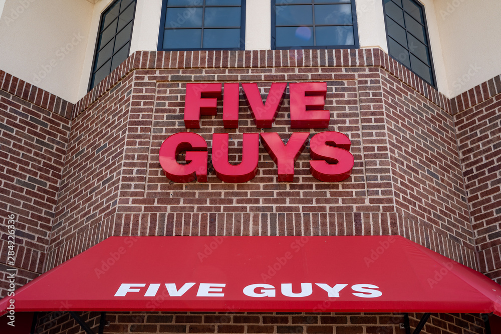 Maple Grove, Minnesota July 21, 2019 Exterior of a Five Guys fast