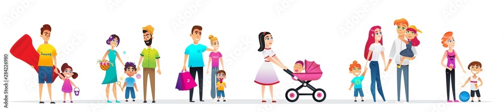 Banner Character Collection Family Walk Cartoon.