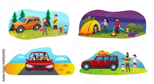 Banner Set Family Trip with Children Cartoon Flat.