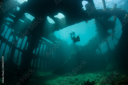 A free diver explores a WWII shipwreck near Guadalcanal in the Solomon Islands. This remote, tropical area is known for its war history as well as its extraordinary marine biodiversity. © ead72