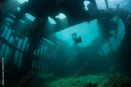 A free diver explores a WWII shipwreck near Guadalcanal in the Solomon Islands. This remote, tropical area is known for its war history as well as its extraordinary marine biodiversity. photo