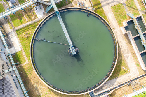Top view of Recirculation Solid contact Clarifier Sedimentation Tank. Industrial water treatment in factory.