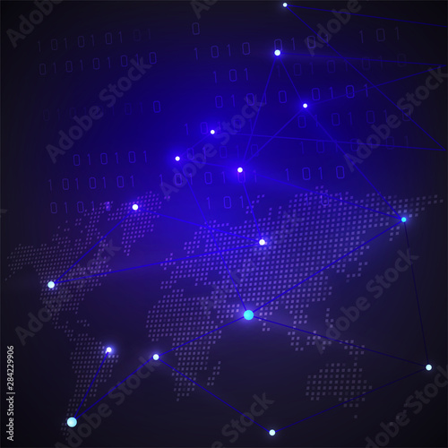 Digital technology concept with dot world map and mesh pattern shapes on dark blue background. Vector illustration