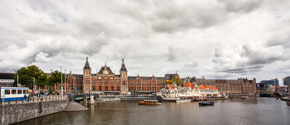 View across canal in Amsterdam with Central Station in view