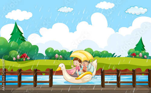 Scene background design with kids paddling in duck boat