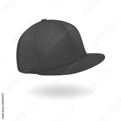 Vector 3d Realistic Render Black Blank Baseball Snapback Cap Icon Closeup Isolated on White Background. Design Template for Mock-up, Branding, Advertise. Front and Side View