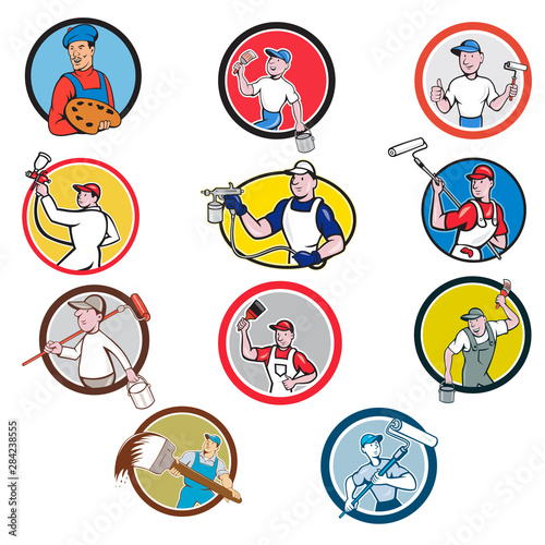 Set or collection of cartoon character mascot style illustration of house or domestic painter, builder, handyman, decorator, contractor or renovator set in circle on isolated white background.