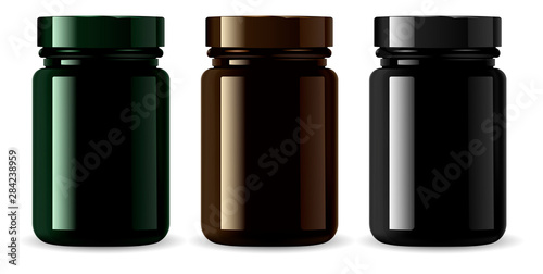 Amber Medicine Bottle Mockup. Cosmetic Packaging Container Blank Realistic 3d Illustration Design. Medical Drug Container. Aronatherapy or Essence Flacon. Treatment Vial in Black, Brown, Green Color