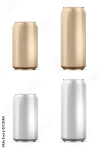 Aluminum Can Mockup. Beer or Soda Tin Blank Isolated. Realistic 3d Aluminium Pack for Alcohol, Juice or Cola Beverage. Round Slim Template Design. Empty Stainless Steel Drink Pack Mock Up
