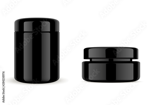 Medical Bottle. Black Glass Cream Jar. Cosmetic Container Mockup. 3d Jar Design Illustration. Plastic Pharmacy Tube for Skin Care Product. Clean and Empty Pharm or Medicine Bottles Template