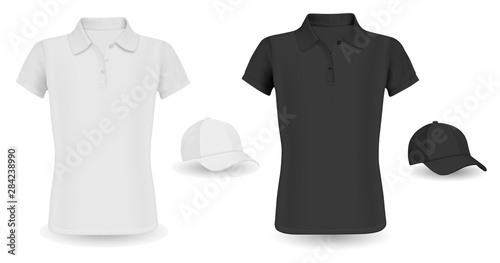 Baseball Cap Template and Polo Shirt Mockup. Black and White Vector Tshirt isolated on Background. Realistic Wear Outfit Short Sleeve Polo Promotion. Shirt with Collar, Visor Hat Casual Clothing