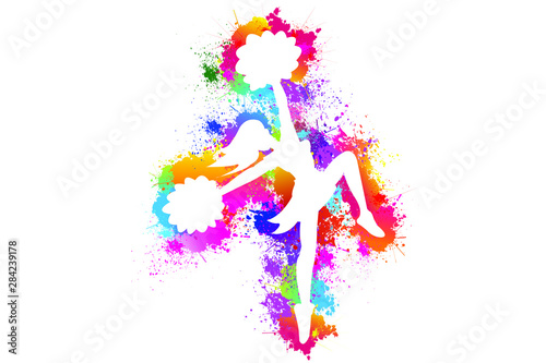 Popular sports, Cheerleader, Dancing colorful girl splash paint on white background. Exercise, Logo, Icon, Symbol, Silhouette. Vector illustration.