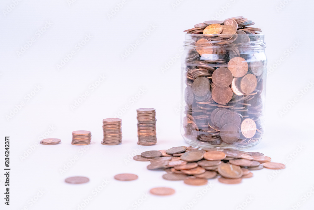 coins in jar with money stack step growing growth saving money, Concept finance business investment coins in jar with money stack step growing growth saving money, Concept finance business investment