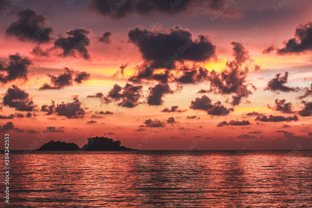 Beautiful Pink Sunset Over Islands in Koh Chang, Thailand.