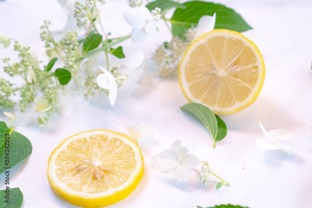Creative layout made of lemon and leaves. Flat lay. Food concept. Lemon on white background Creative layout made of lemon and leaves. Flat lay. Food concept. Lemon on white background
