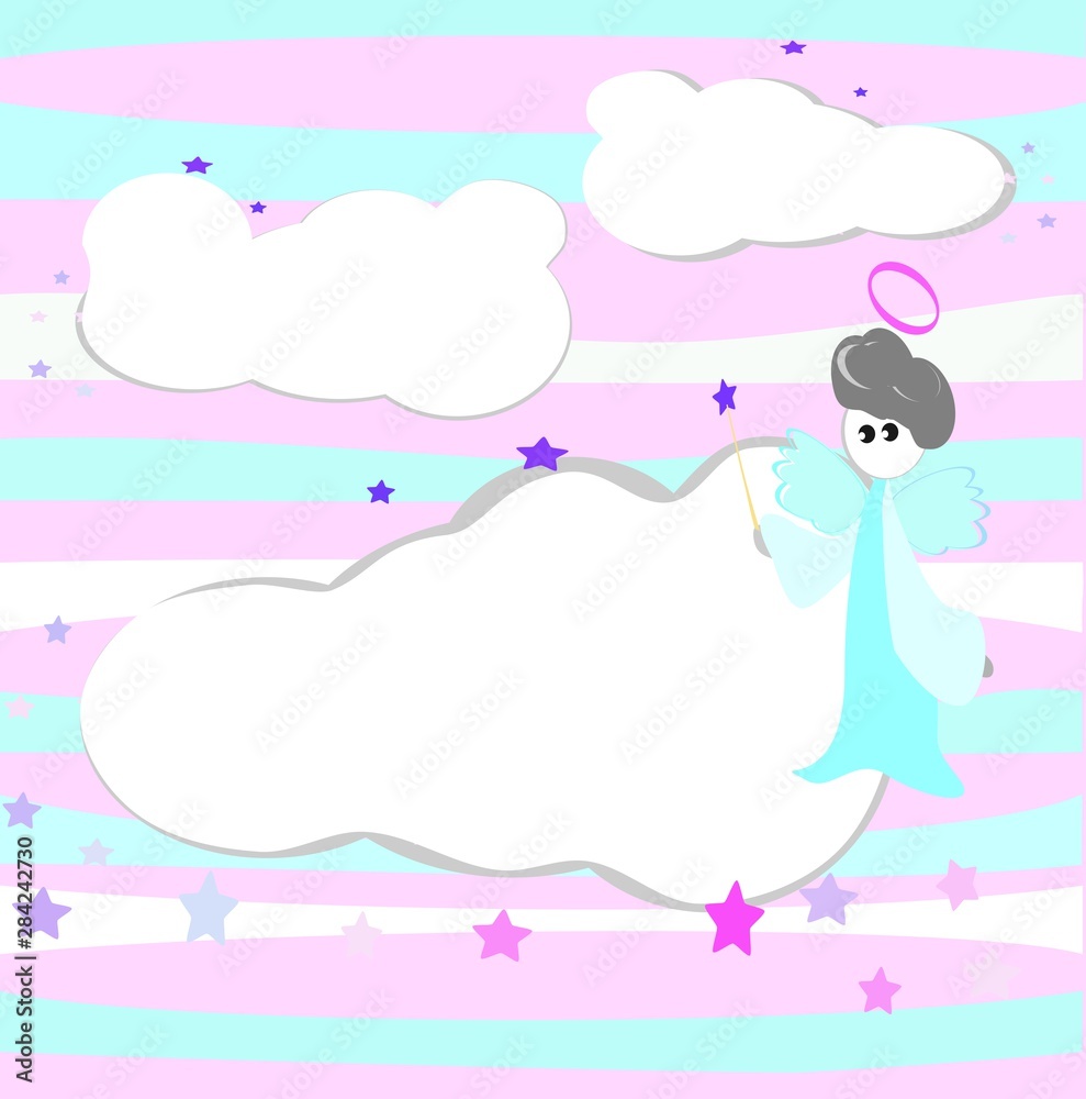 Fototapeta premium Cartoon fairies - little angels with wings, and bright purple background stars and Christmas, small white stars, festivals, vector 