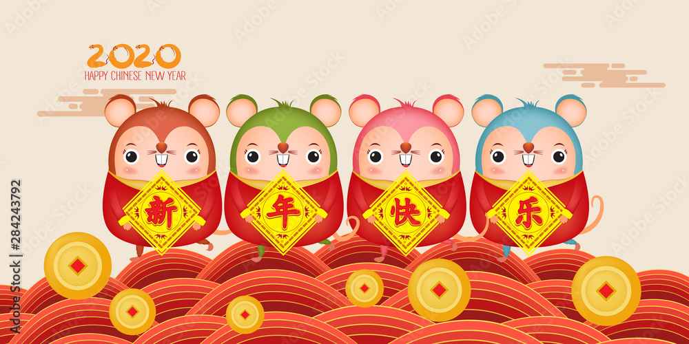 Fototapeta premium Happy New Year 2020. Five little rats holding a sign golden Chinese characters. . The year of the rat. Translation Happy New Year