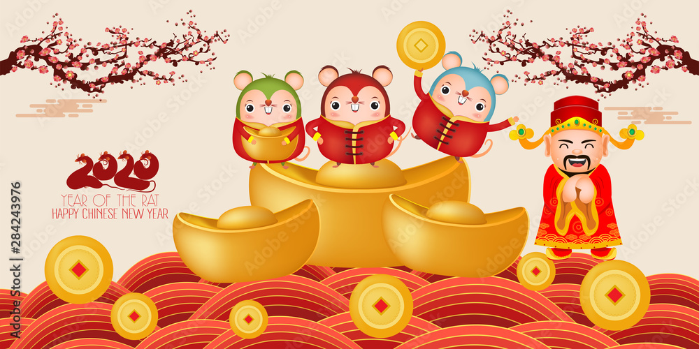 Fototapeta premium Happy New Year 2020. Three little rats holding gold , Ingot. The year of the rat. Translation Happy New Year