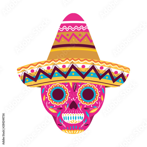 mexican skull with hat isolated icon