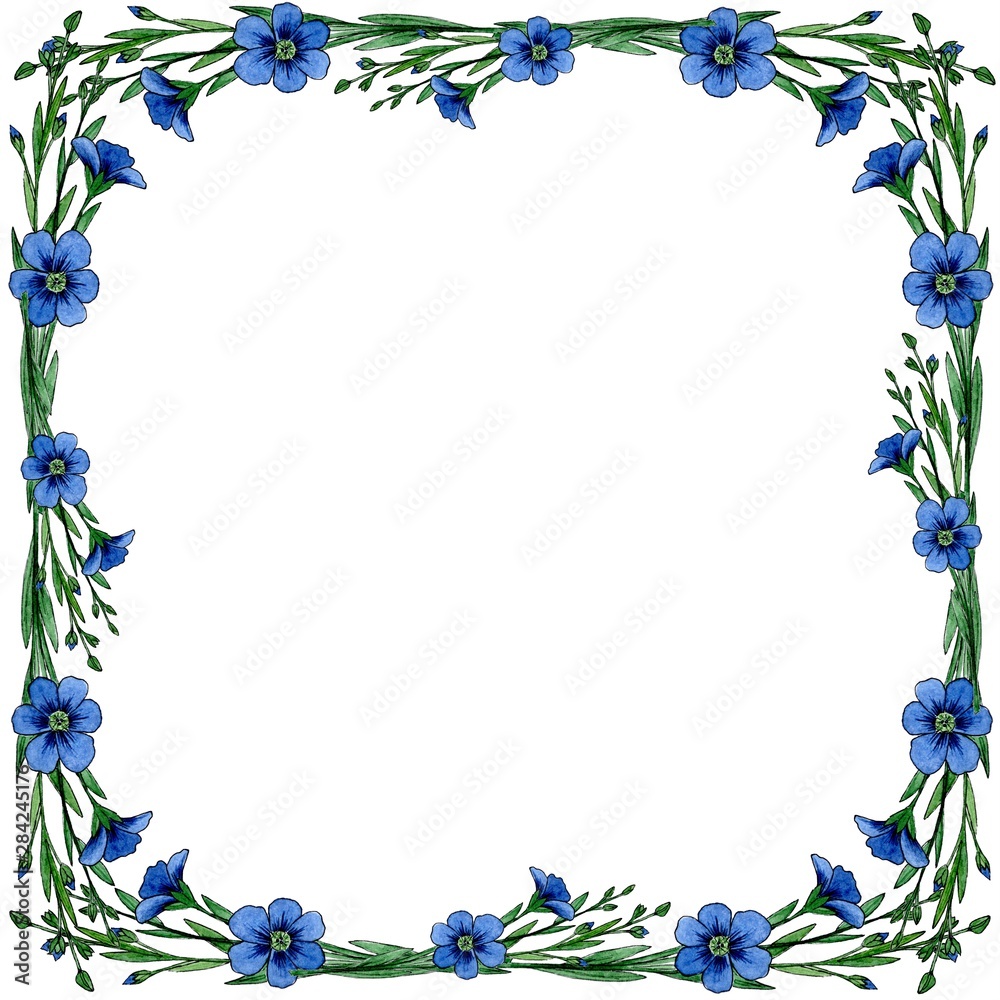 Flax flowers. Flax frame template. Hand drawn flowers watercolor sketches. For packaging, menu, label, card, design Flax flowers. Flax frame template. Hand drawn flowers watercolor sketches. For packaging, menu, label, card, design