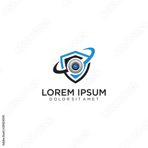 Shield Camera Logo Icon Design. Secure Cam Logo Template. Guard CCTV Logo Security Cam Logo Design. Protection Camera Logo Design