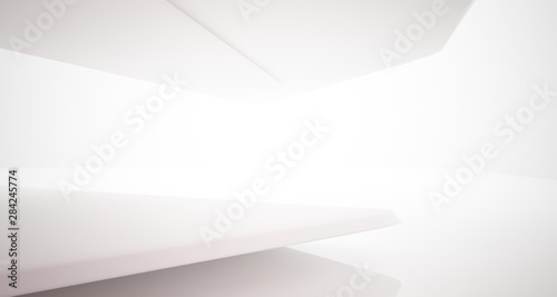 Abstract smooth architectural white and glass gradient color interior of a minimalist house with large windows. 3D illustration and rendering.