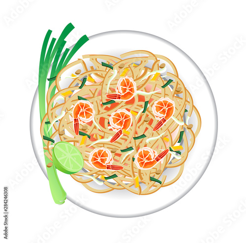 Pad  Thai on dish vector design. Top view concept.