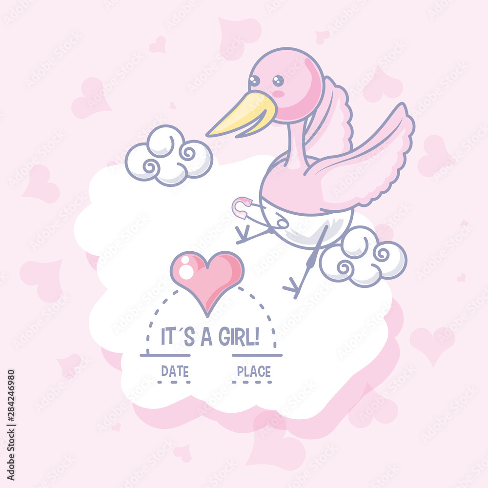 it is a girl baby shower card with stork