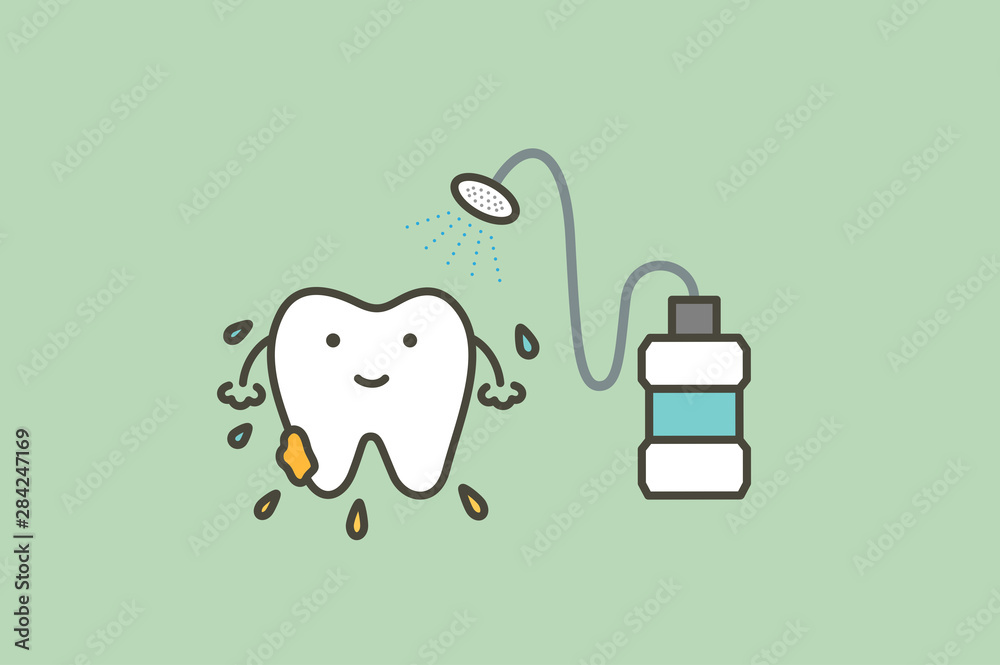 cleaning teeth by mouthwash, dental health care - tooth cartoon vector flat style cleaning teeth by mouthwash, dental health care - tooth cartoon vector flat style