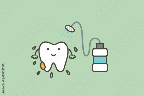 Fototapeta Naklejka Na Ścianę i Meble -  cleaning teeth by mouthwash, dental health care - tooth cartoon vector flat style