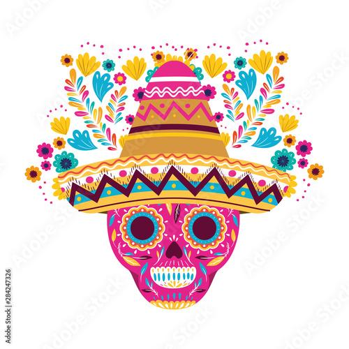 mexican skull with hat isolated icon