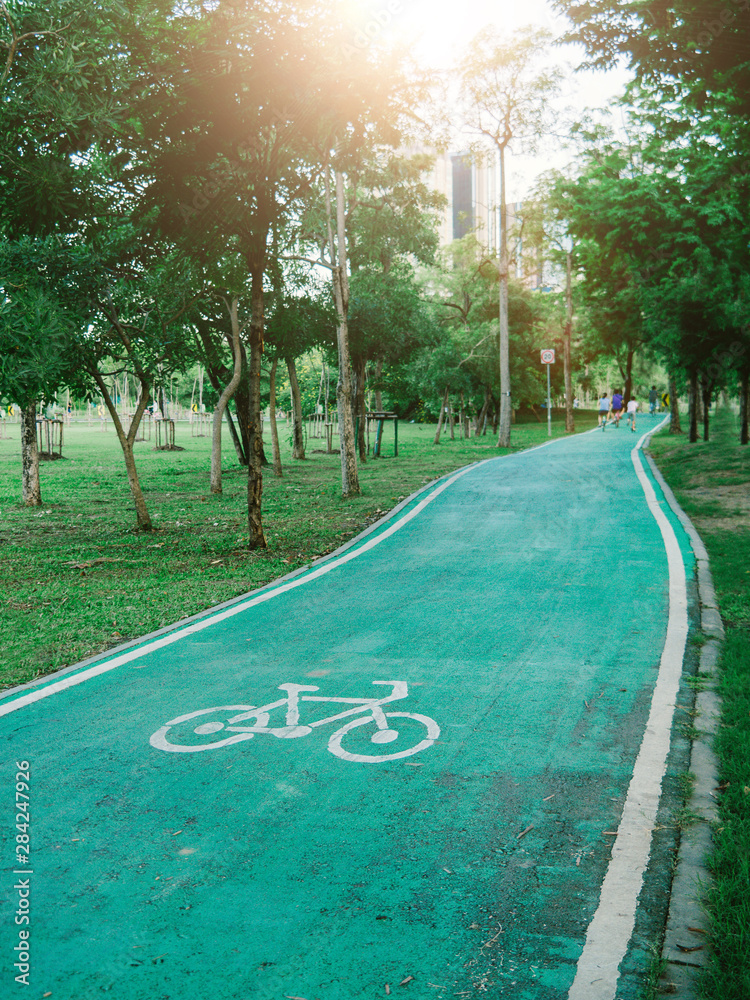 Obraz premium GReen bicycle path at Vachirabenjatas Park (Rot Fai Park), Bicycle road sign on asphalt. Leisure activities, Sunny day