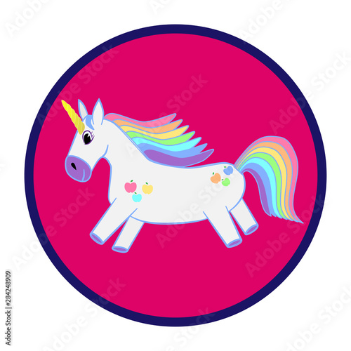 Prancing unicorn in a pink circle. Unicorn with a rainbow tail and mane. White horse in a multi-colored apples. Mythical animal.