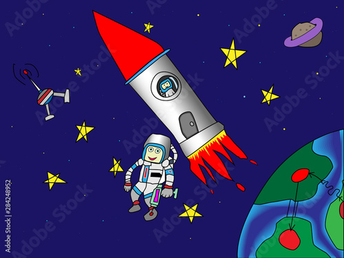 Children's drawing of an astronaut in space. Free space. Rocket, satellite, planets, and cosmantes.