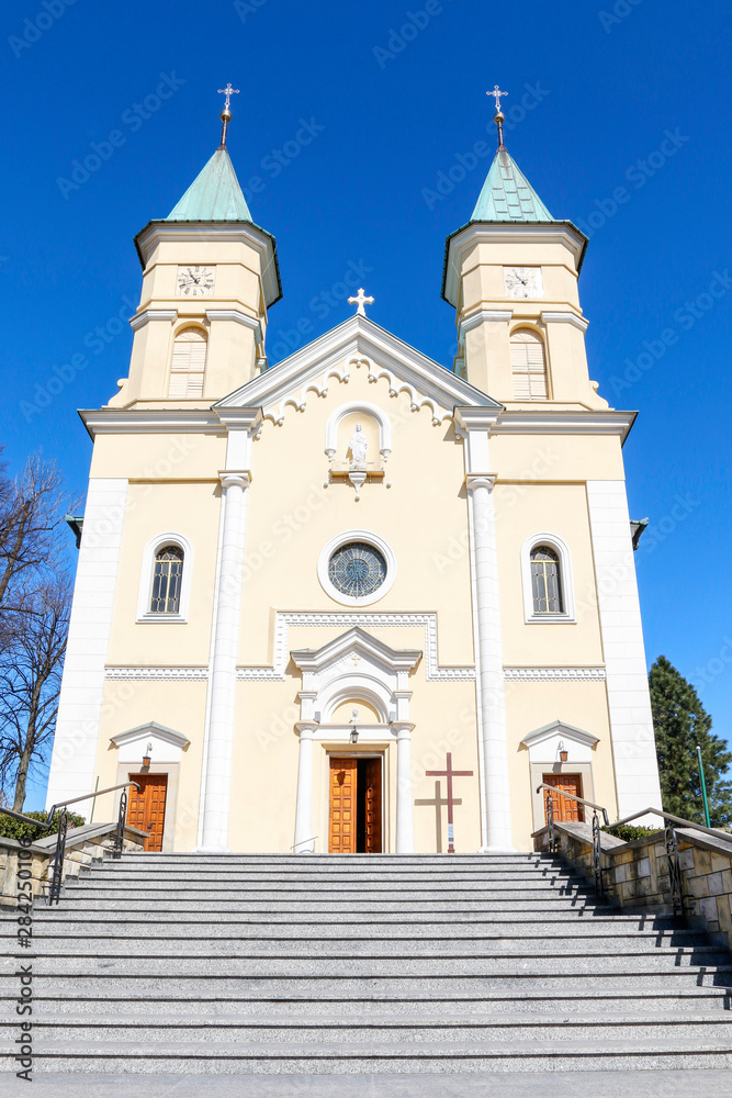 SWIATNIKI GORNE, POLAND - APRIL 01, 2019: Church of St. Stanislaus and St. Jadwiga
