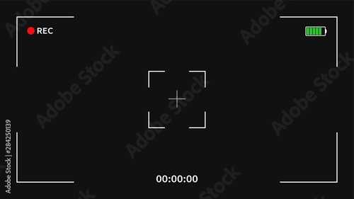 Camera recording screen. Record video camera viewfinder template with black background.