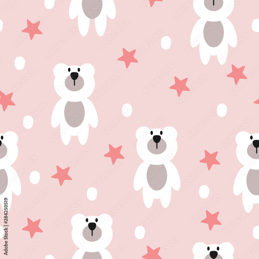 Obraz premium Cute white bear with star and snow seamless pattern background. Vector illustration.