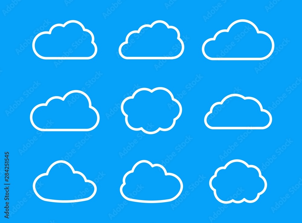 Cloud icon vector. Set of contour cloud flat icons isolated on blue background. Symbols for web, logo, app, ui. Cloud icon vector. Set of contour cloud flat icons isolated on blue background. Symbols for web, logo, app, ui.