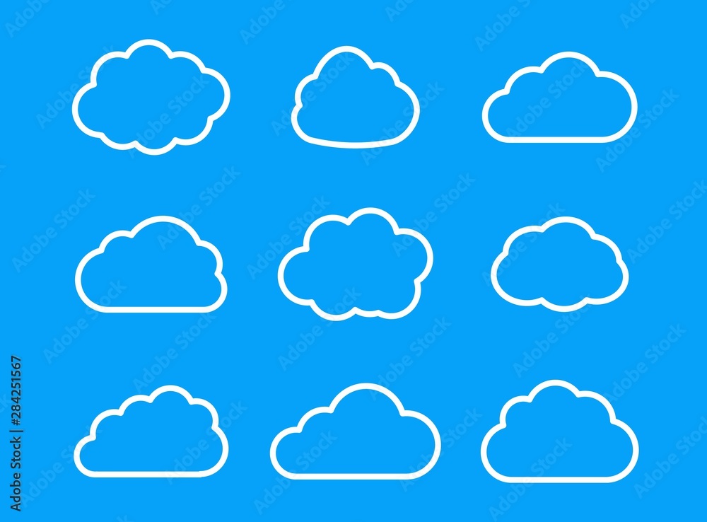 Set outline cloud icon for website, app, ui and logo. Vector cloud icons isolated on sky blue background. Set outline cloud icon for website, app, ui and logo. Vector cloud icons isolated on sky blue background.