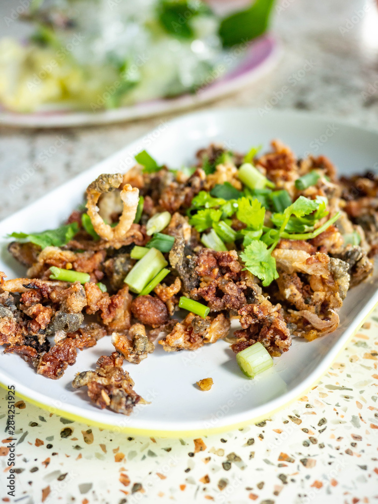 Food Thai,Fried frog with garlic and pepper,Put on a white plate,In the street food shop,delicious Food Thai,Fried frog with garlic and pepper,Put on a white plate,In the street food shop,delicious