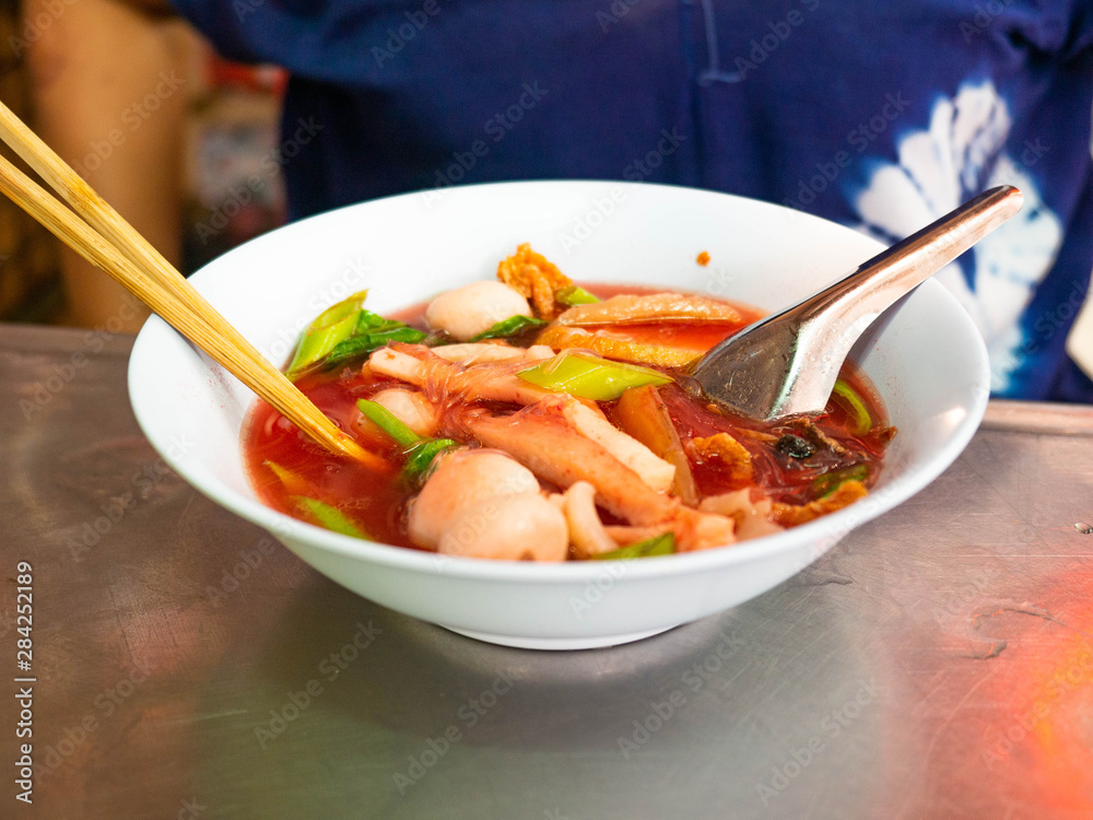 Yentafo noodle with fish meatball good tasty food,In restaurant at Market (Sampeng),Bangkok,Thailand Yentafo noodle with fish meatball good tasty food,In restaurant at Market (Sampeng),Bangkok,Thailand
