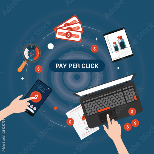Pay per click vector illustration. Internet marketing, advertising concept in line and flat style.