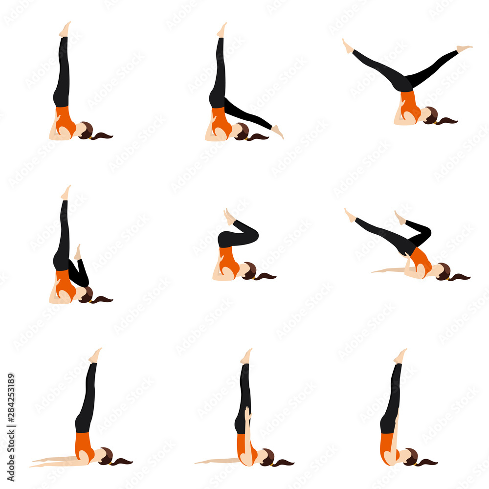 Shoulderstand variations yoga poses set/ Illustration stylized woman practicing yoga postures sarvangasana variations