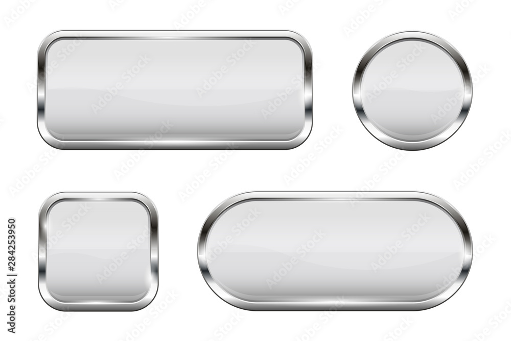 White glass buttons. Set of 3d shiny icons with chrome frame White glass buttons. Set of 3d shiny icons with chrome frame