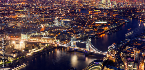 London cityscape at night, United Kingdom. Aerial view