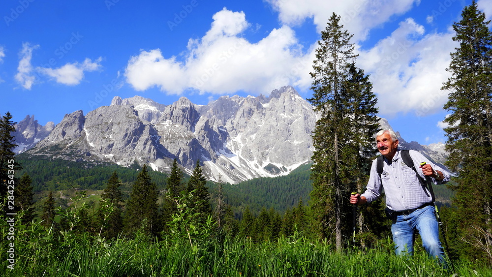 aktiver Senior wandert im tiefen Gras in den Bergen in Südtirol vor herrlichem Panorama