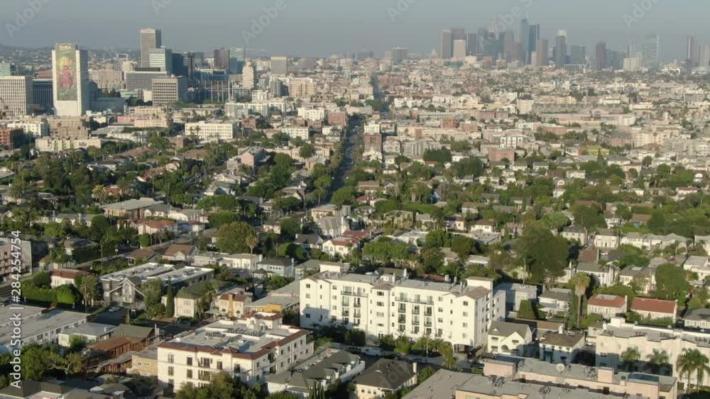 Los Angeles Wilshire Center and Downtown Buildings Aerial Shot Forward Tilt Up Los Angeles Wilshire Center and Downtown Buildings Aerial Shot Forward Tilt Up