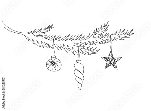 One line Christmas tree branch with Christmas toys. Continuous line drawing isolated on white background.