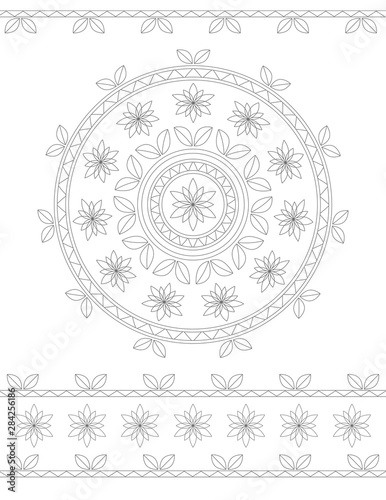 Round, contour, floral ornament of leaves, flowers, lines, shapes isolated on a white background. Ethnic mandala, Botanical border in letter format